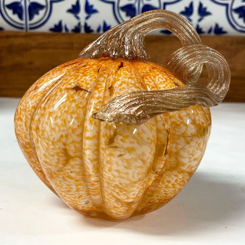 Pier 1 Hand Blown Orange Speckled Glass Pumpkin Glittering Gold Stem Fall Decor